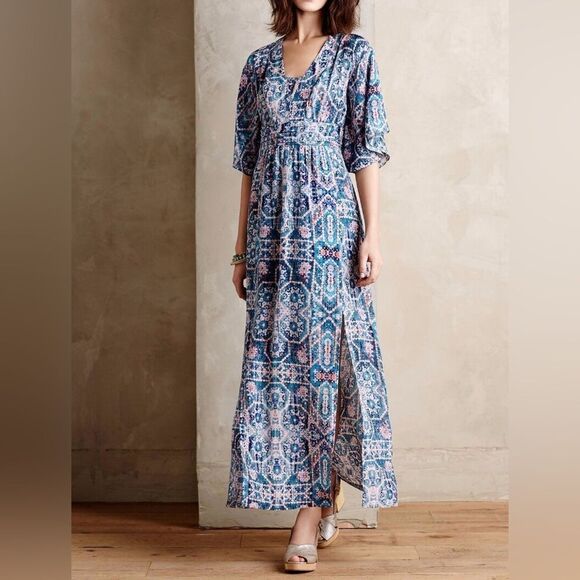 Maeve Dress Women’s 0 Tilework Printed 100% Silk Short Sleeve V-Neck Maxi - Picture 1 of 12